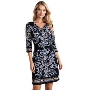 White House Black Market Black Blue Paisley Dress 3/4 Sleeve — XS